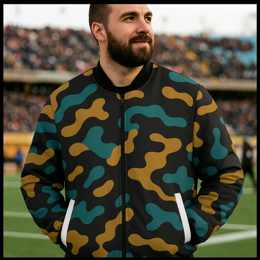 Man wearing a camouflage jacket on a sports field