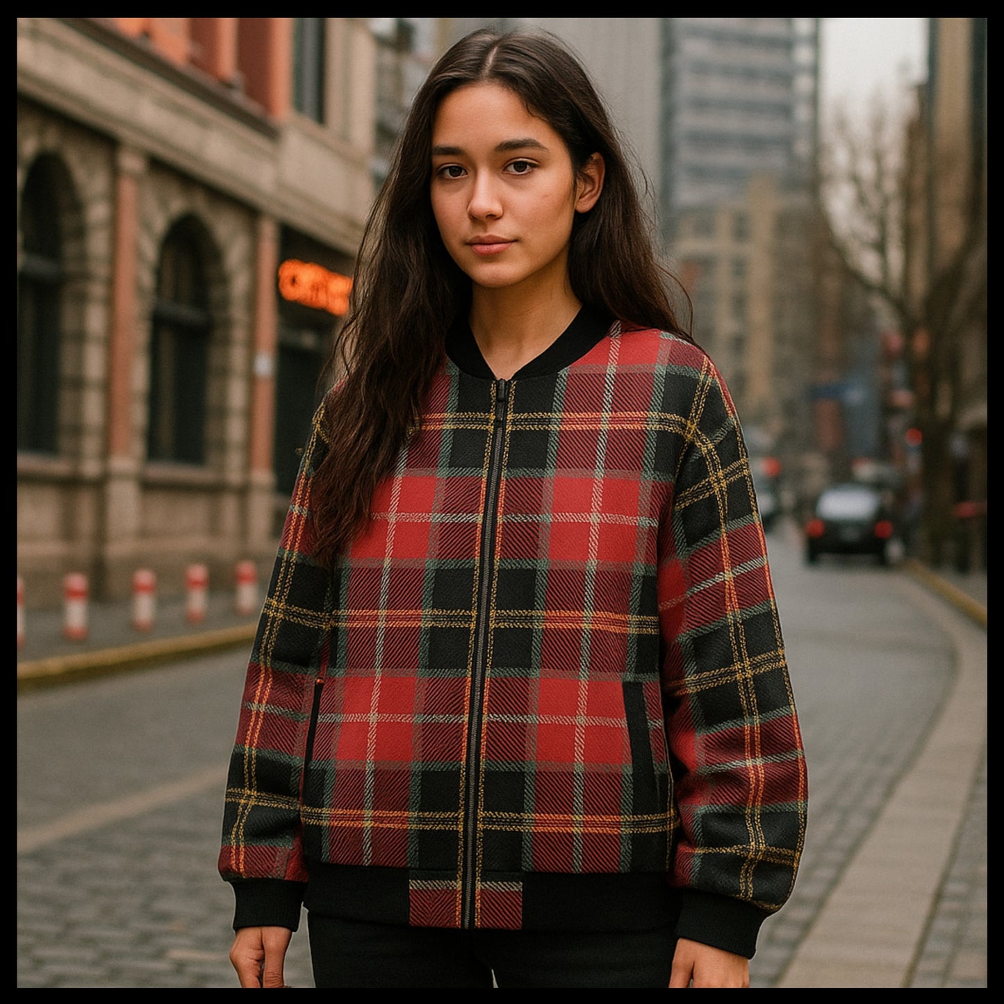 Woman wearing a red and black plaid jacket on a city street