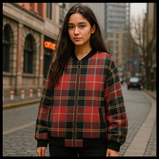 Woman wearing a red and black plaid jacket on a city street