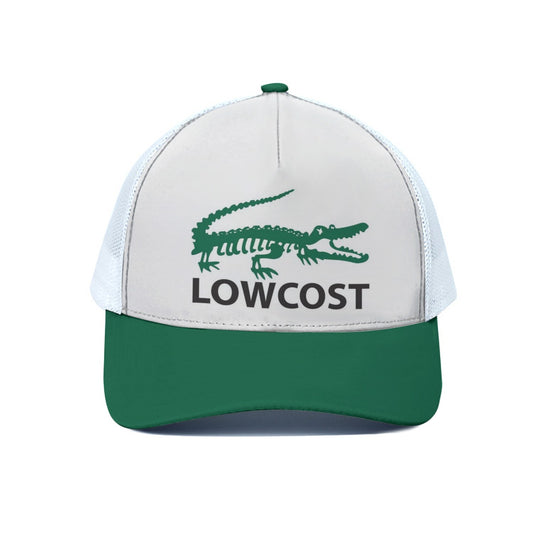 Cap with green alligator logo and 'LOWCOST' text on a white background