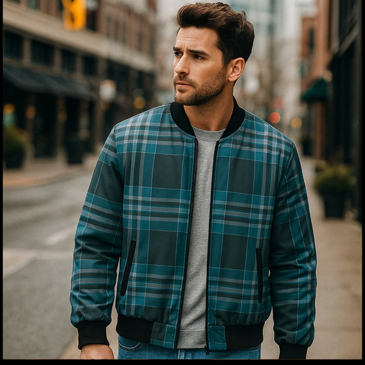 Man wearing a plaid jacket on a city street