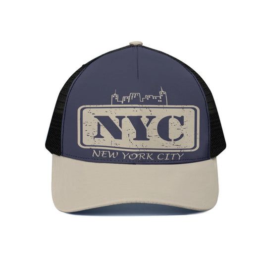 Trucker hat with 'NYC New York City' design on a white background