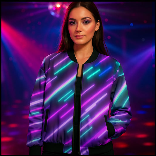 Woman wearing a colorful jacket with neon lines against a vibrant, multicolored background