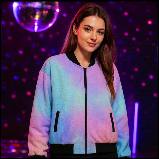 Woman wearing a colorful jacket in a disco setting with a disco ball and purple lights.
