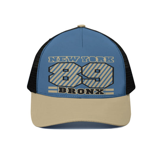 Blue and beige cap with 'New York 89 Bronx' text on a white background