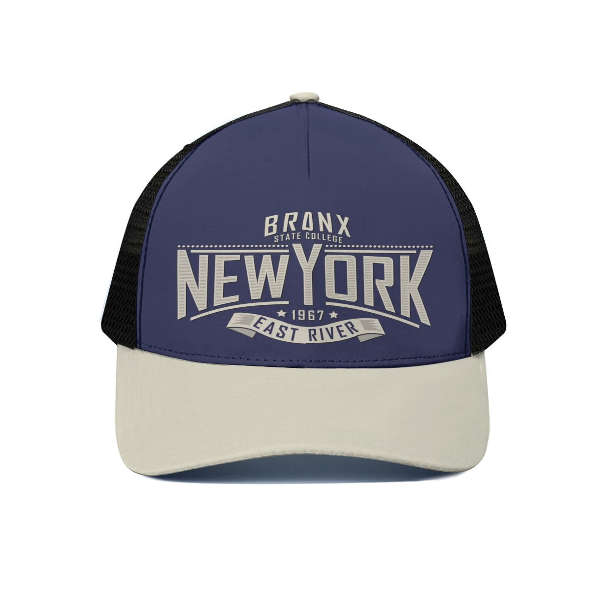 Blue and beige cap with 'New York' text on a white background