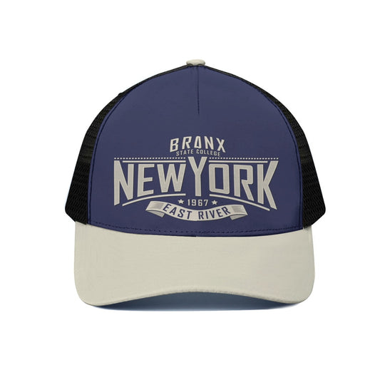 Blue and beige cap with 'New York' text on a white background
