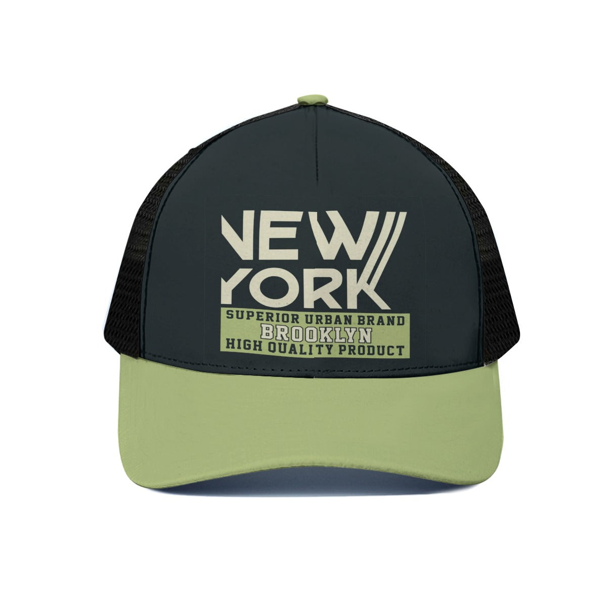 Black and green cap with 'New York' and 'Brooklyn' text on a white background