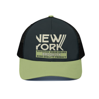 Black and green cap with 'New York' and 'Brooklyn' text on a white background