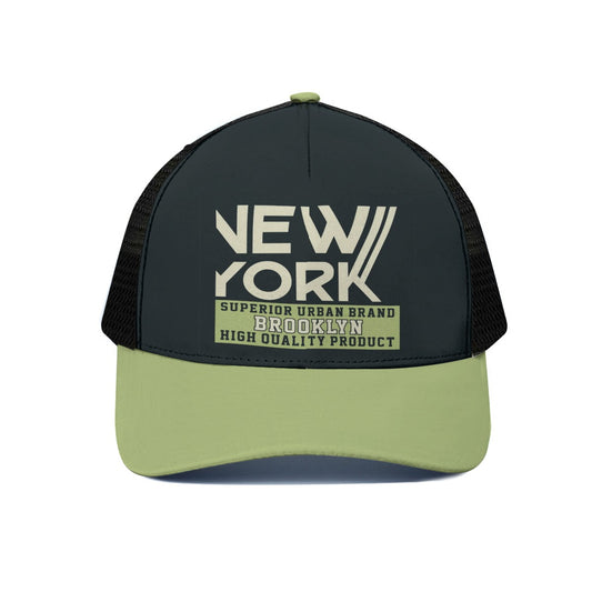 Black and green cap with 'New York' and 'Brooklyn' text on a white background
