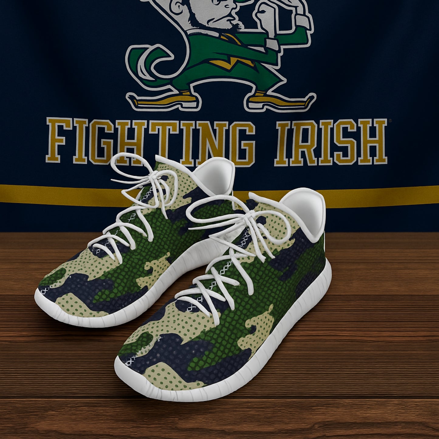 Green and white sneakers with 'Fighting Irish' logo in the background