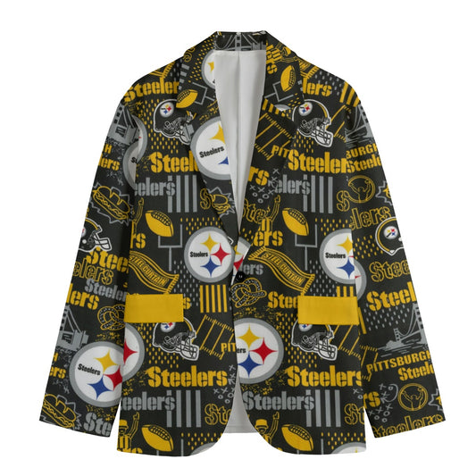 Cardigan with Pittsburgh Steelers logo and text on a white background