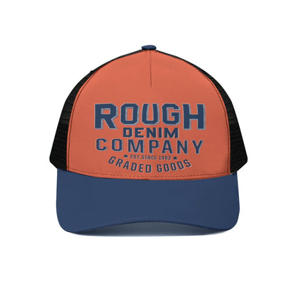 Orange and blue cap with 'Rough Denim Company' text on a white background
