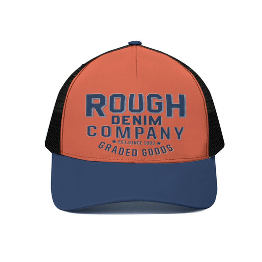 Orange and blue cap with 'Rough Denim Company' text on a white background