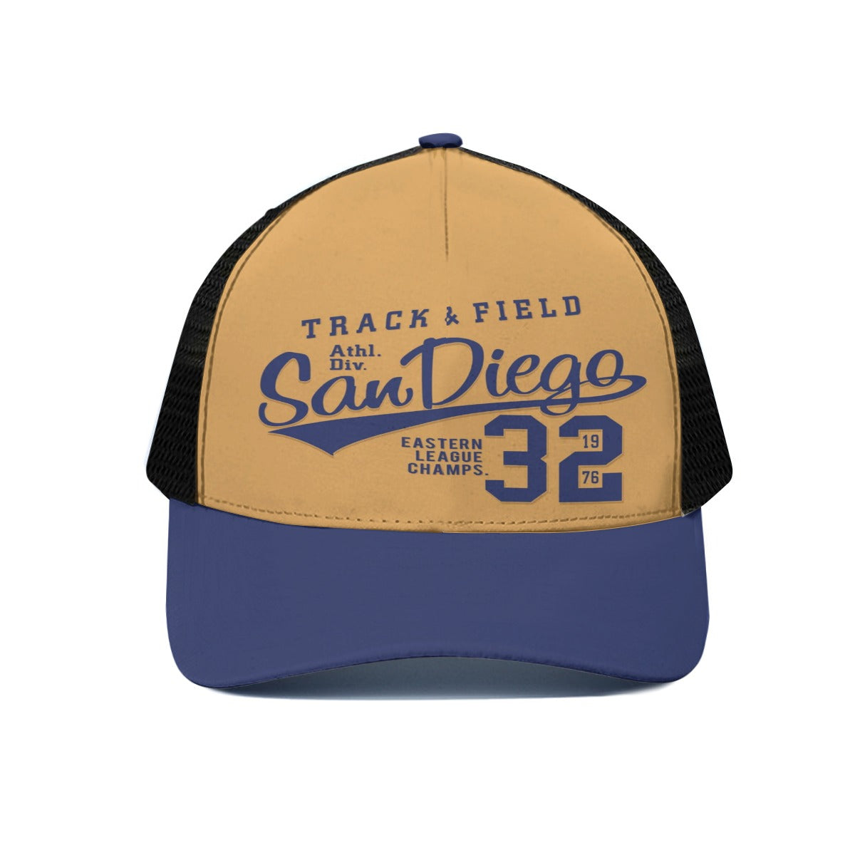 Baseball cap with 'San Diego Track & Field' text on a white background