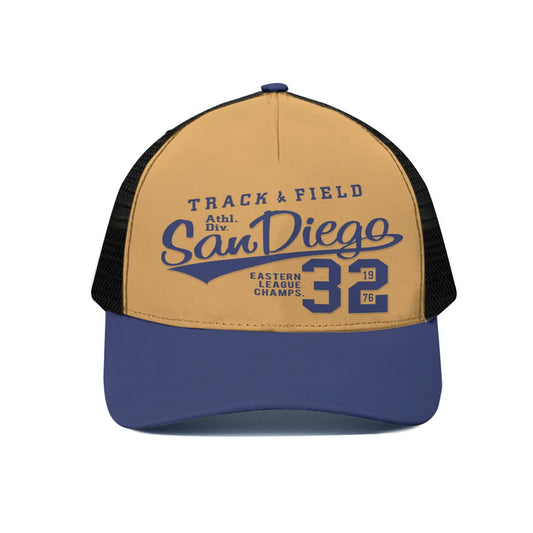 Baseball cap with 'San Diego Track & Field' text on a white background