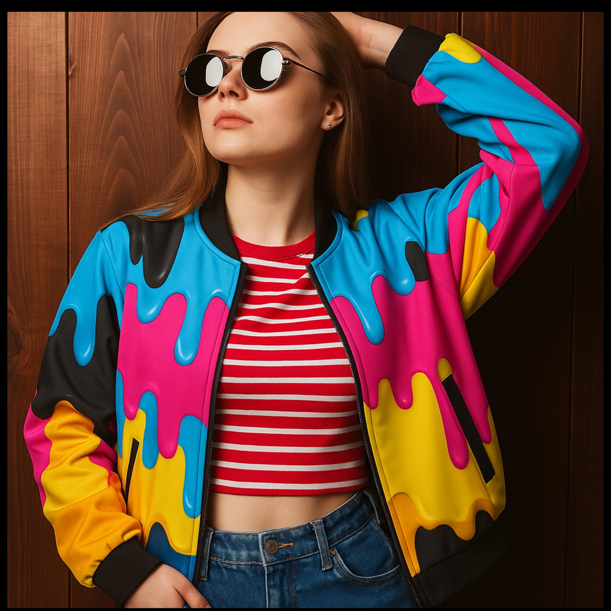 Person wearing a colorful jacket with a striped top and sunglasses against a wooden background