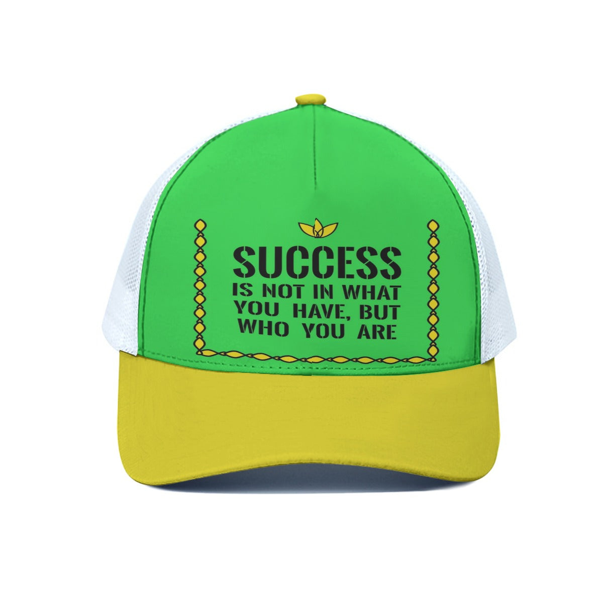 Green and yellow cap with motivational quote on a white background