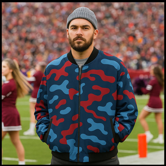 Man wearing a blue and red camouflage jacket on a sports field with blurred background