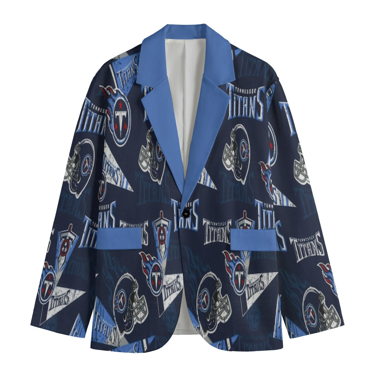 Navy blazer with Tennessee Titans logo pattern on a white background