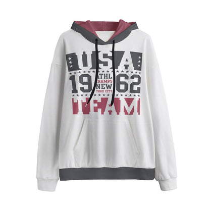White hoodie with USA text and design on a white background