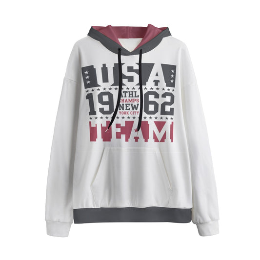 White hoodie with USA text and design on a white background
