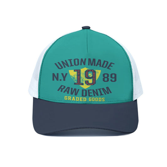 Trucker hat with text and logo on a white background