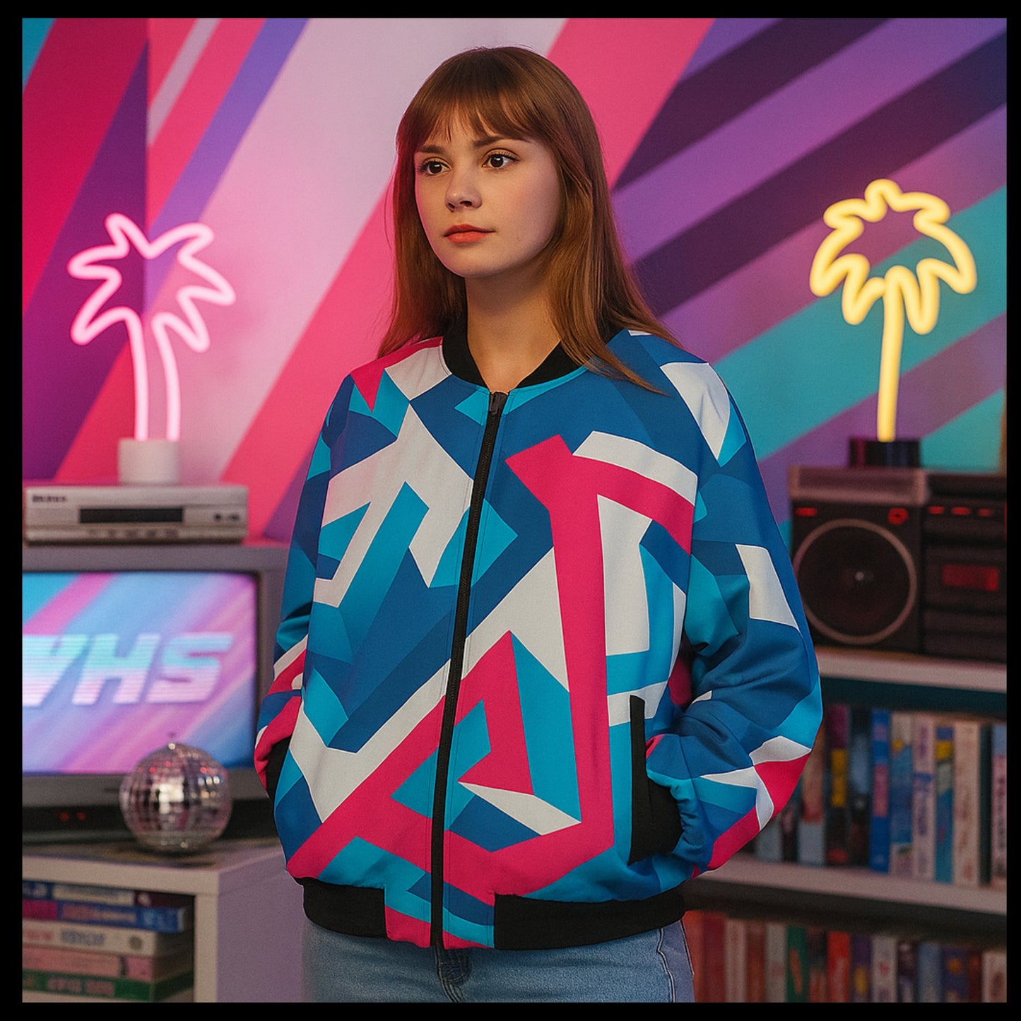 Person wearing a colorful jacket in a retro-themed room with neon lights and VHS equipment.