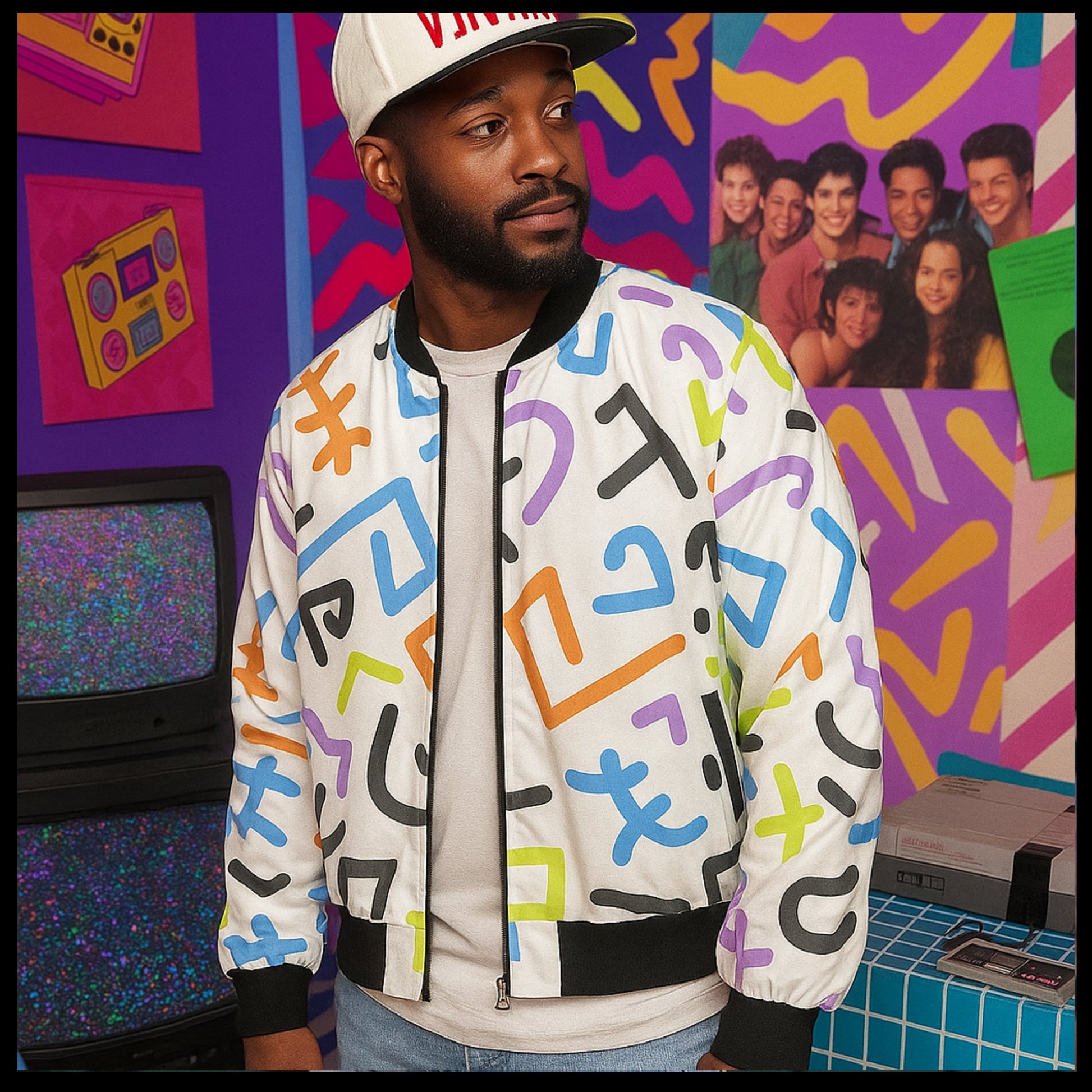 Man wearing a colorful jacket in a retro-themed room with a vintage television and posters.