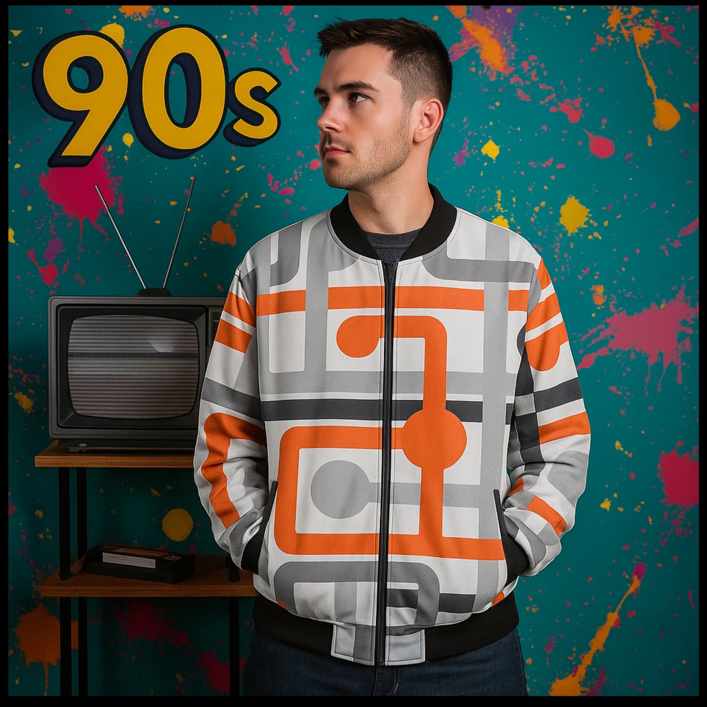 Urban Legend 90s Street Icons – Seamless Colored Lines Fleece Bomber Jacket