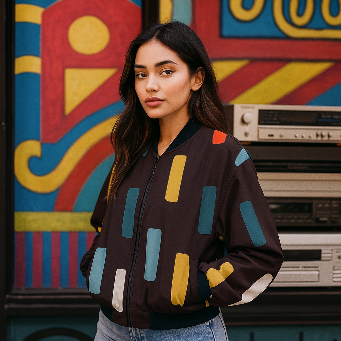 Woman wearing a colorful jacket in front of a vibrant, abstract mural.