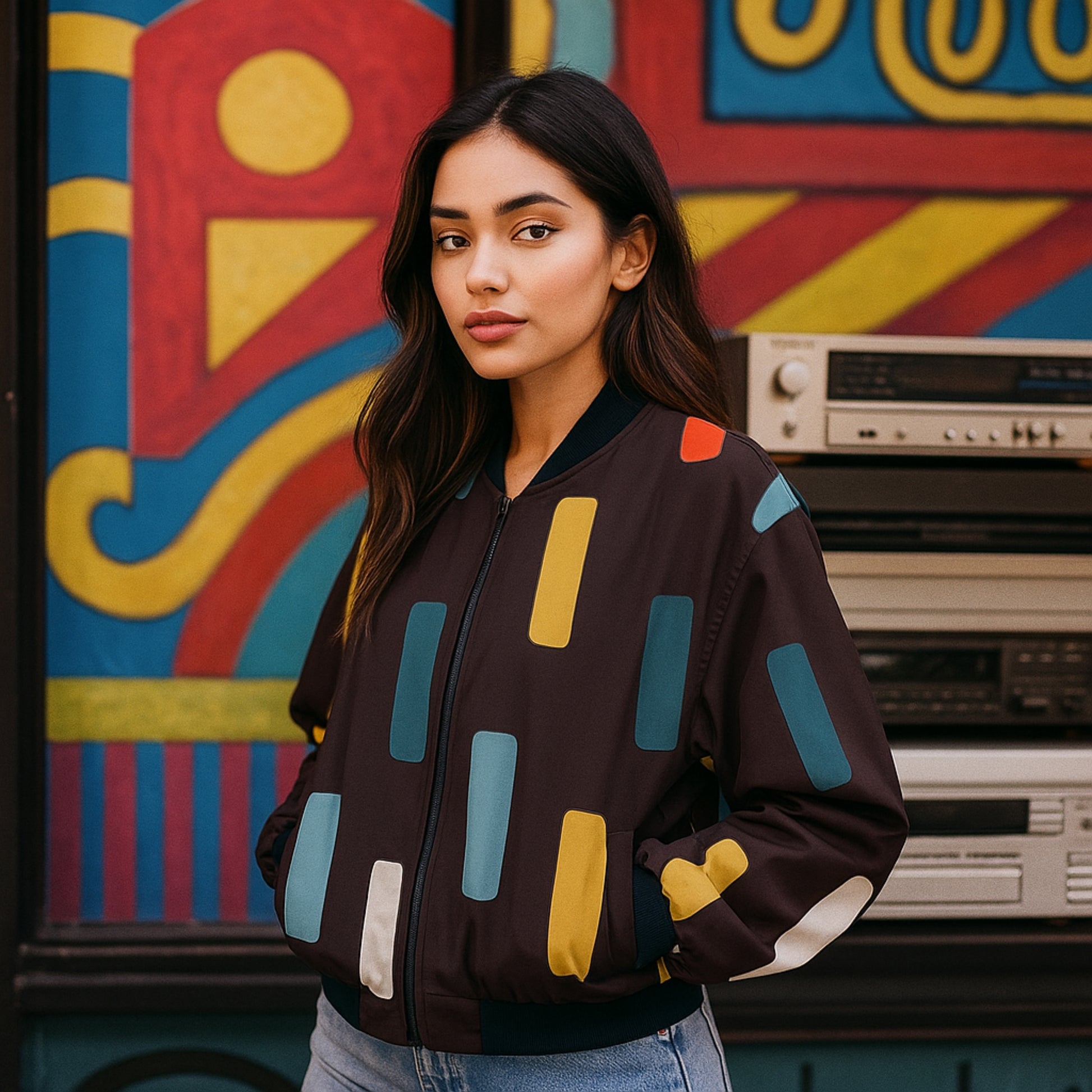 Woman wearing a colorful jacket in front of a vibrant, abstract mural.