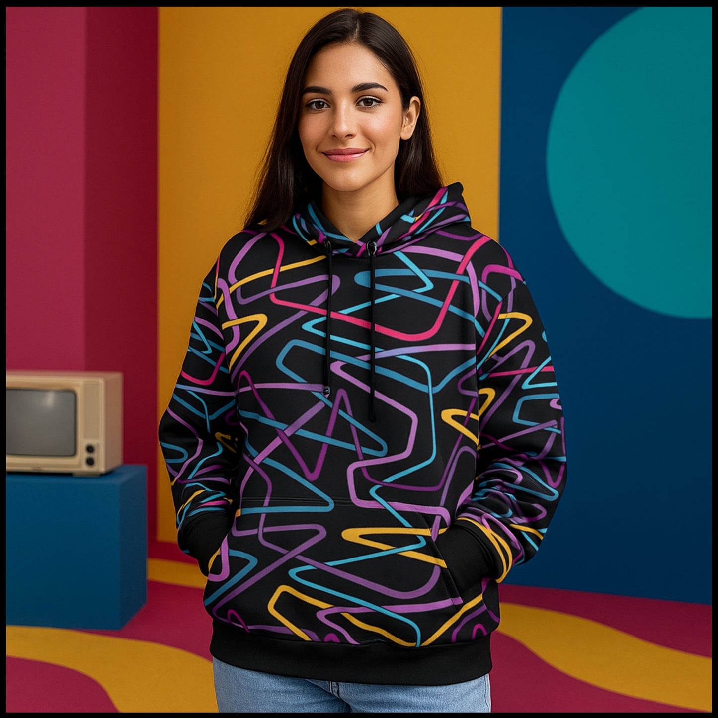 Urban Legend 90s Street Icons – Abstract Composition Interlaced Multicolored Zigzag Hoodie