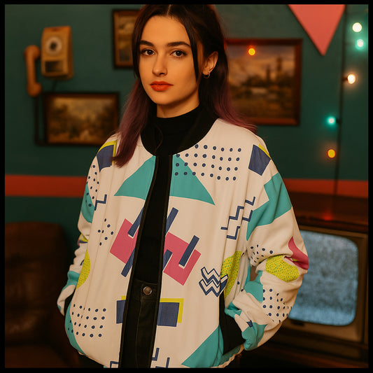 Urban Legend 90s Style – Geometric Shapes Fleece Bomber Jacket
