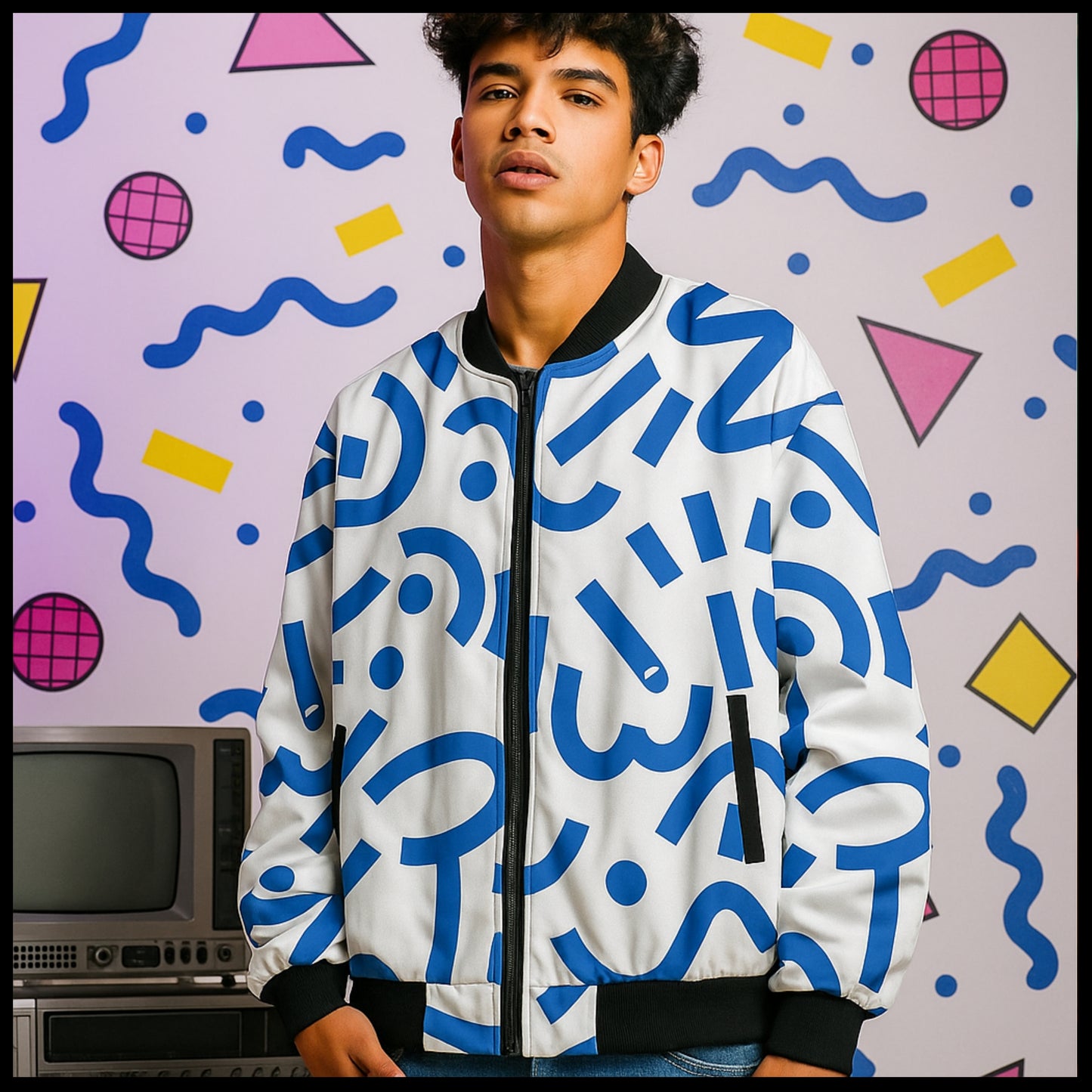 Urban Legend 90s Street Icons – Memphis Blue Seamless  Fleece Bomber Jacket