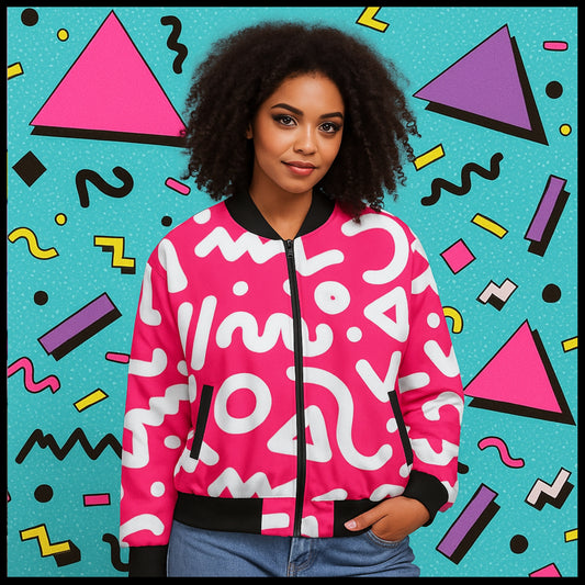 Urban Legend 90s Street Icons – Memphis Red Seamless Pattern Fleece Bomber Jacket