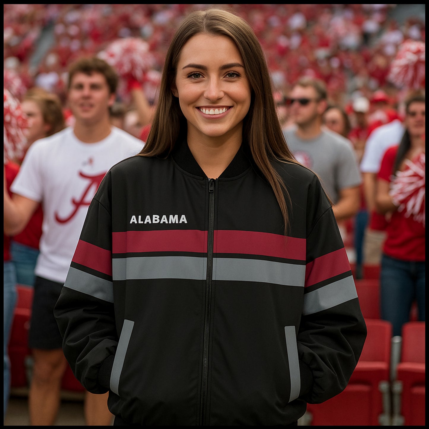 Urban Legend “Alabama Game Day” Black · Crimson · Gray Varsity Bomber Jacket
