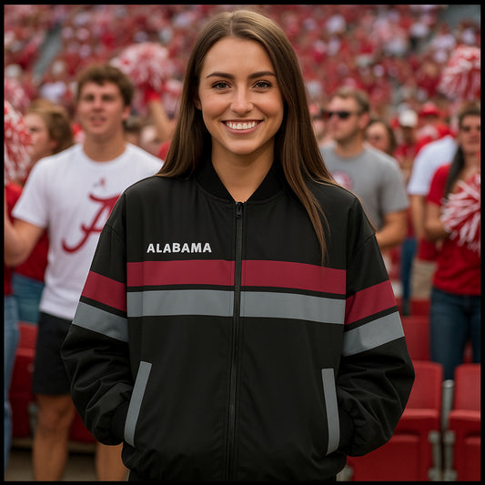 Urban Legend “Alabama Game Day” Black · Crimson · Gray Varsity Bomber Jacket