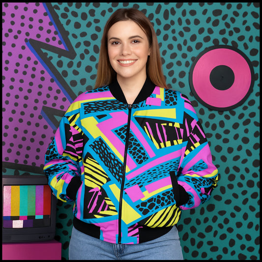 Urban Legend 90s Street Icons – Geometric Curved Lines Graffiti Seamless Fleece Bomber Jacket