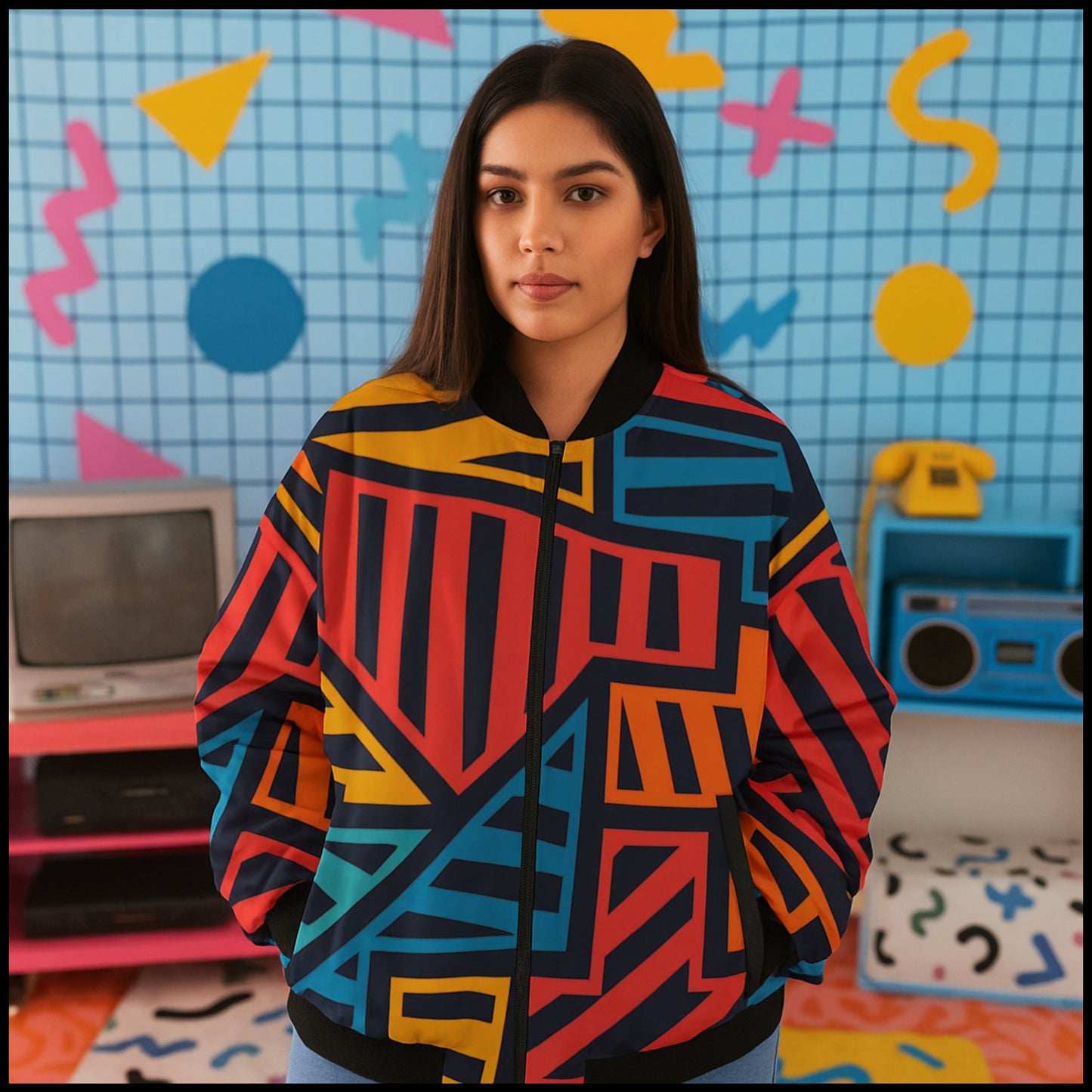 Urban Legend 90s Street Icons Bright Modern Geometric Pattern Fleece Bomber Jacket