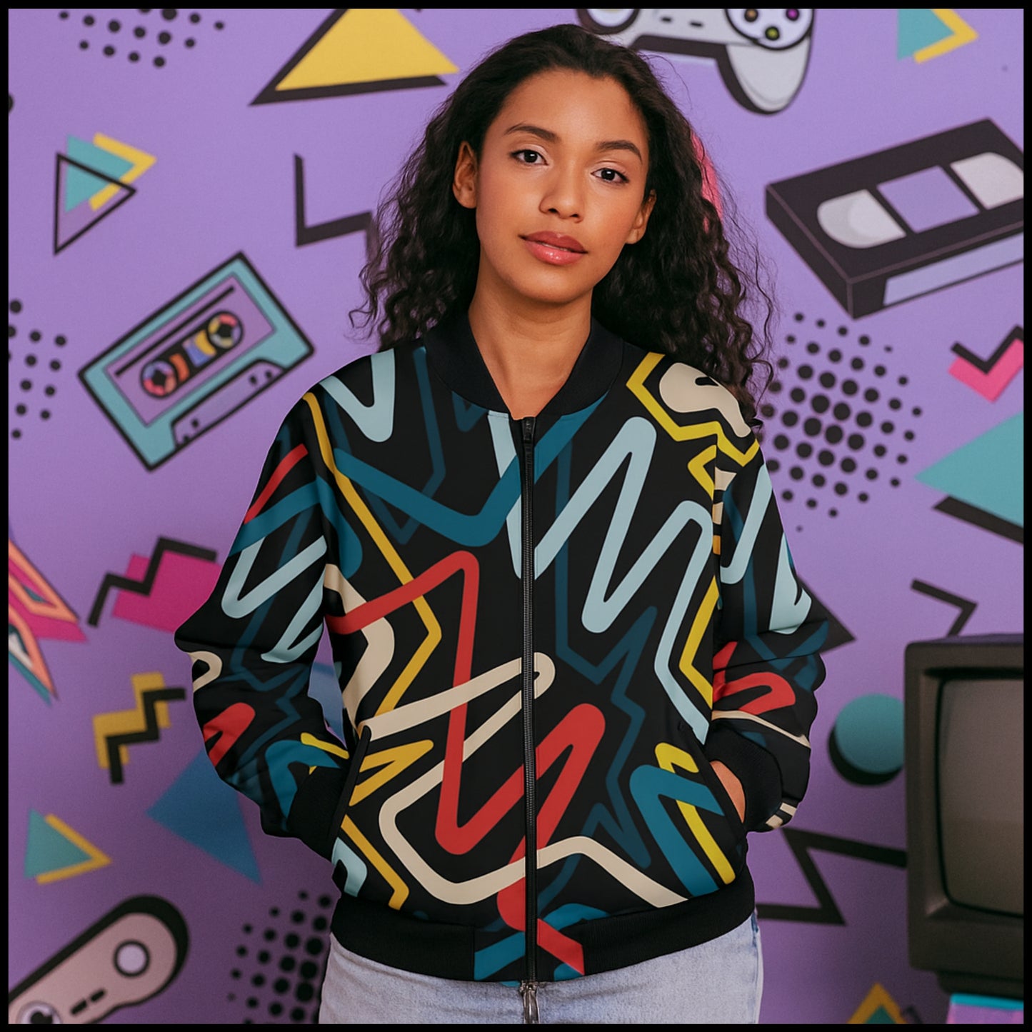 Urban Legend 90s Street Icons Seamless Abstract Multicolored Tangled Fleece Bomber Jacket