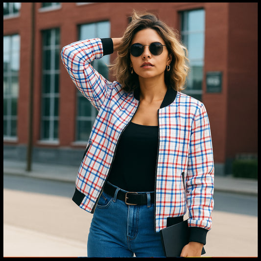Fraser – red, blue and white tartan Fleece Bomber Jacket