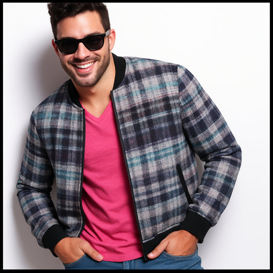 Gunn Modern – green, blue and black  modern look tartan Fleece Bomber Jacket