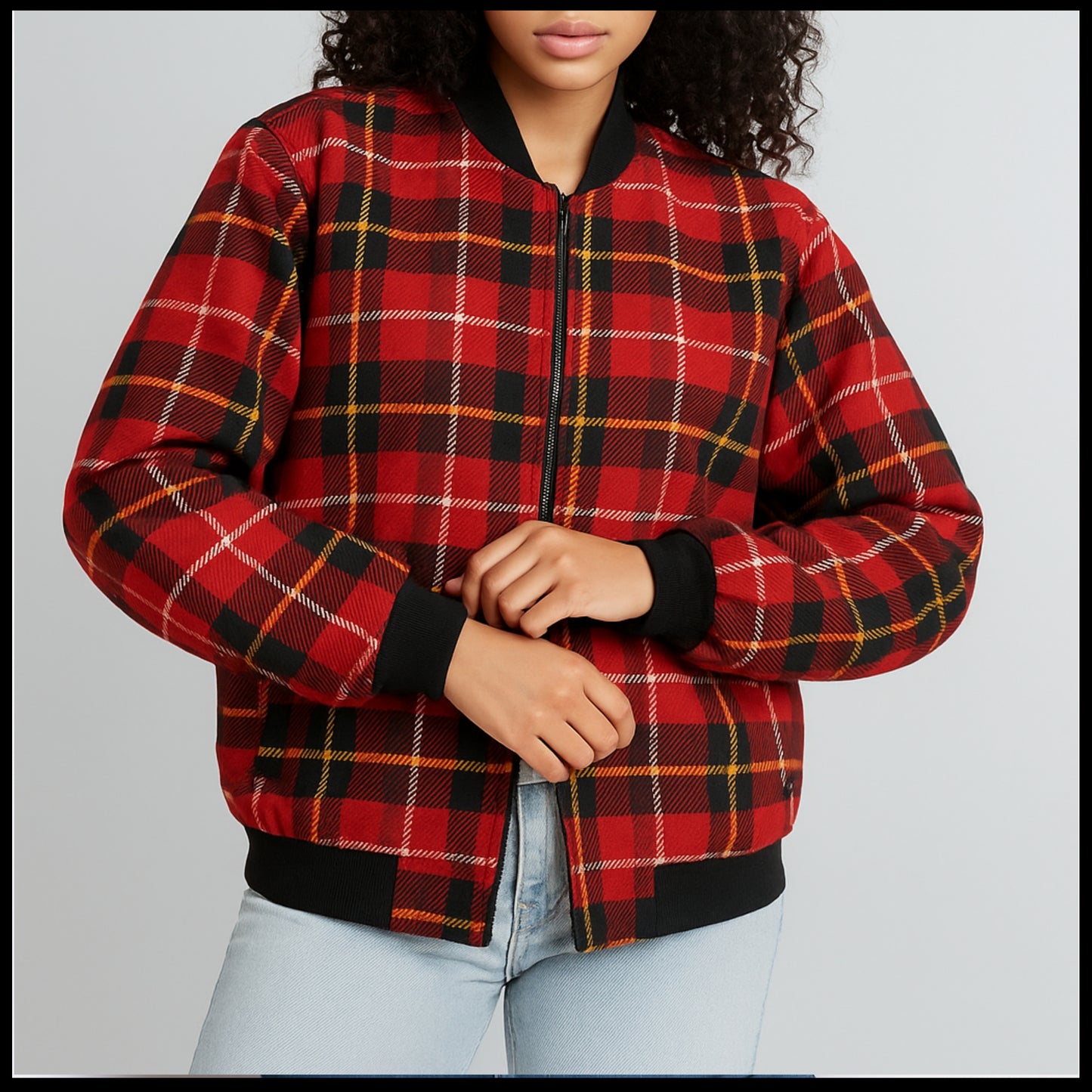 MacPherson – deep red with black and subtle yellow tartan Fleece Bomber Jacket