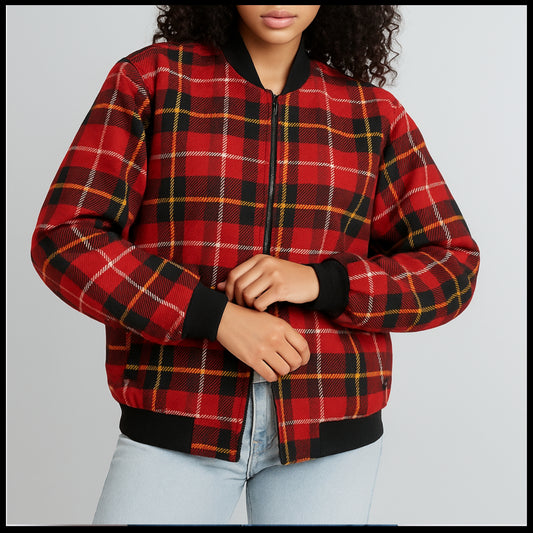 MacPherson – deep red with black and subtle yellow tartan Fleece Bomber Jacket