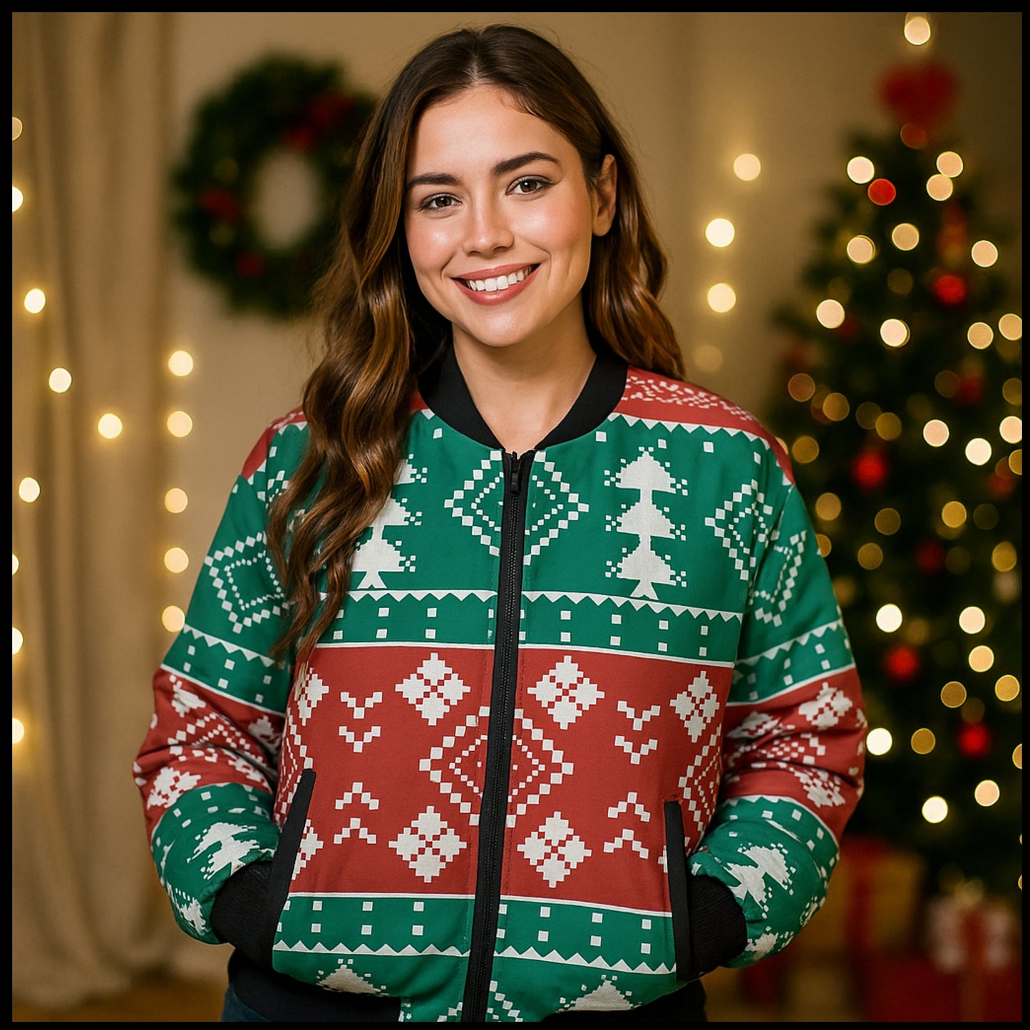 Urban Legend Snow Inspired Pattern Christmas Festive Fleece green red Bomber Jacket
