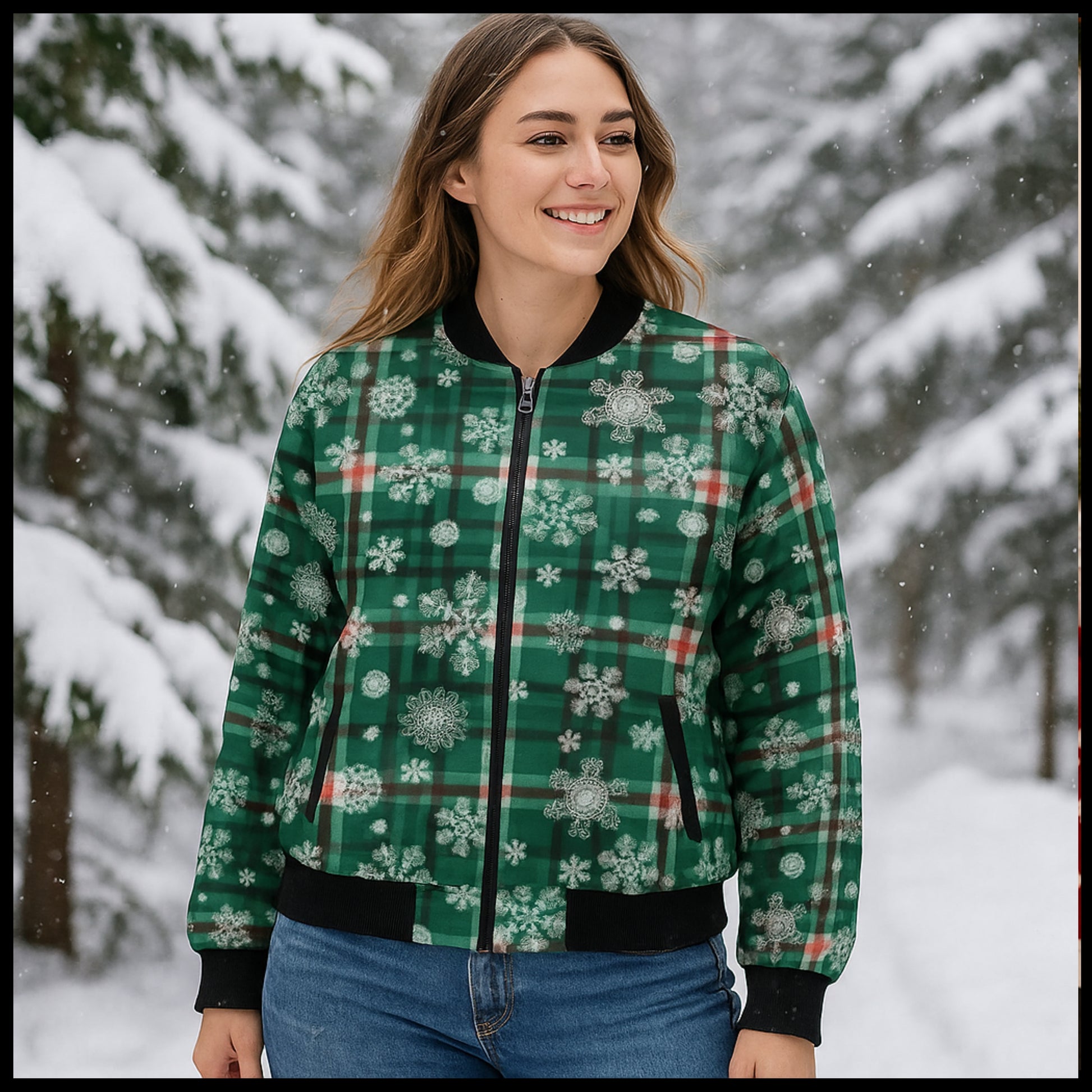 Woman wearing a green plaid jacket with snowflake patterns in a snowy forest setting