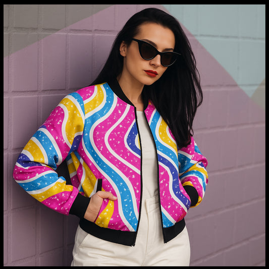 Spray Paint Drips Colorful Striped Fleece Bomber Jacket – Urban Streetwear with Graffiti Vibes