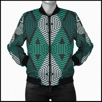 BoomBox Vibes Green White Boho Lace Fleece Bomber Jacket – Ethnic Seamless Streetwear
