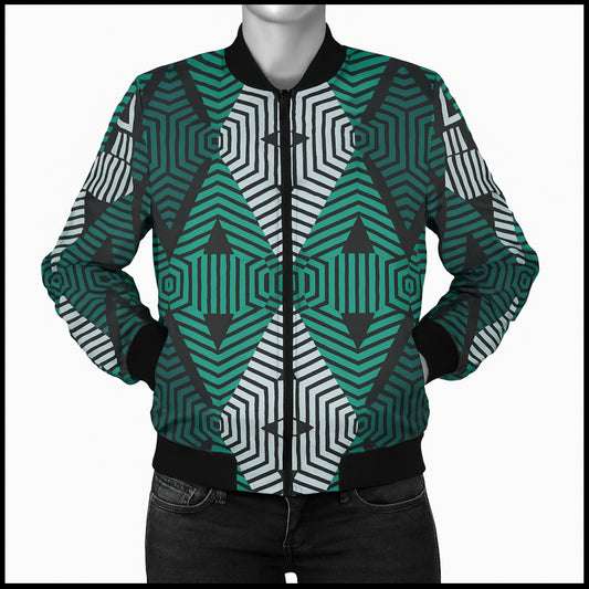 BoomBox Vibes Green White Boho Lace Fleece Bomber Jacket – Ethnic Seamless Streetwear